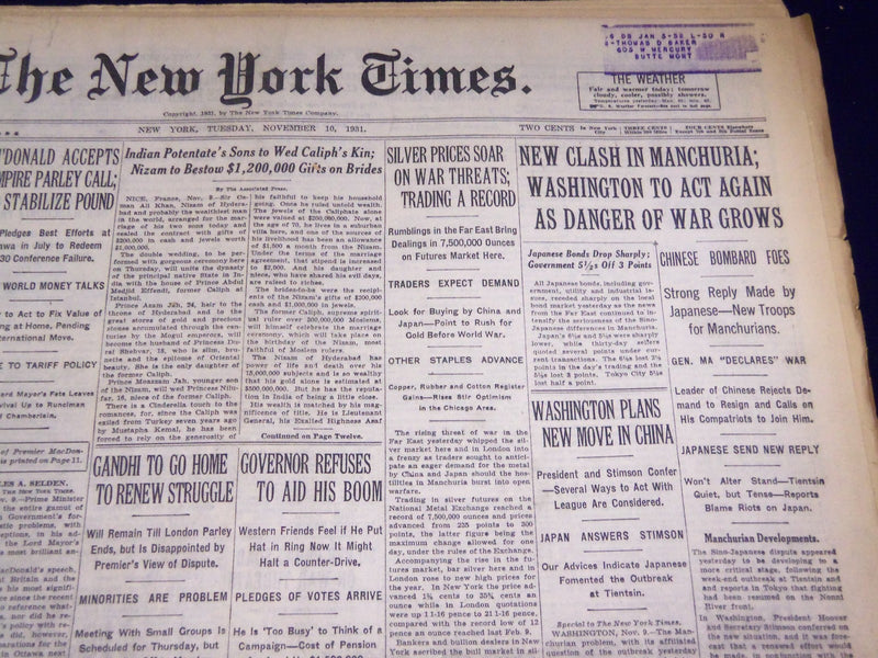 1931 NOVEMBER 10 NEW YORK TIMES - NEW CLASH IN MANCHURIA - NT 3934