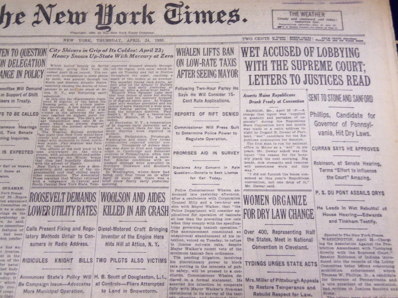 1930 APR 24 NEW YORK TIMES WET ACCUSED LOBBYING WITH SUPREME COURT - NT 1569