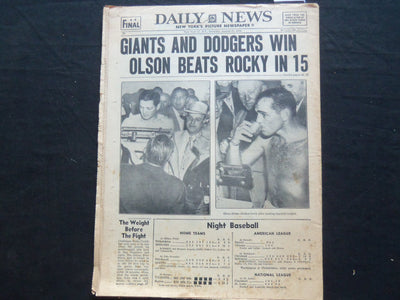 1954 AUGUST 21 NY DAILY NEWS NEWSPAPER - OLSON BEATS ROCKY IN 15 - NP 2503