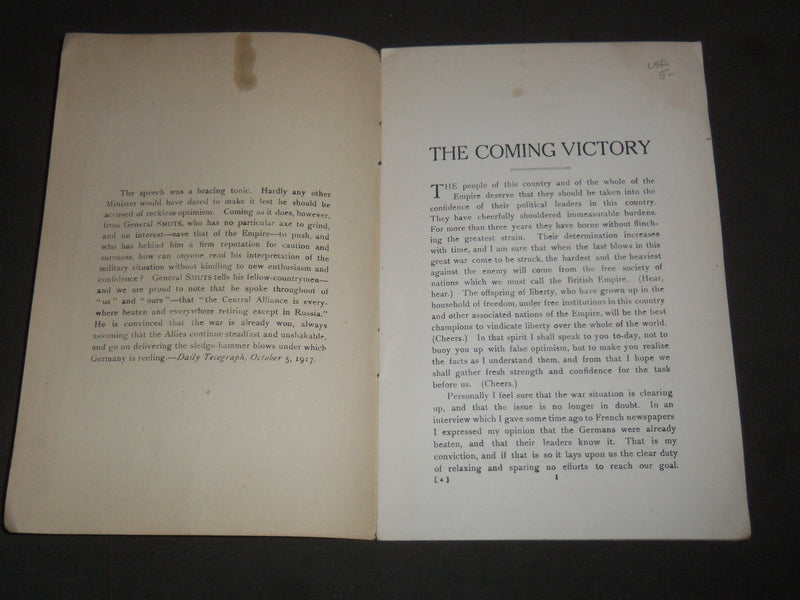 1917 THE COMING VICTORY A SPEECH MADE BY GENERAL SMUTS SOFTCOVER BOOK - J 7204