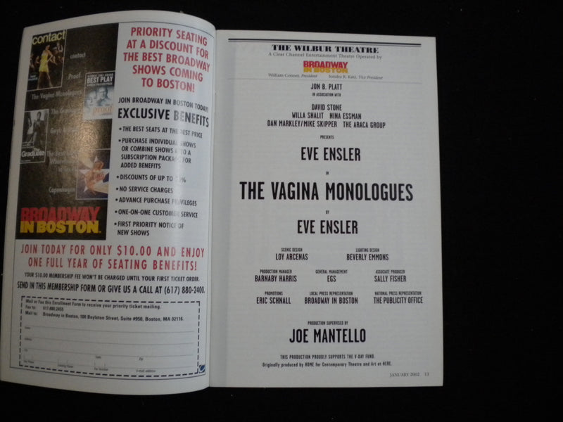 2002 THE VAGINA MONOLGUES PLAYBILL - SIGNED COVER - J 8259
