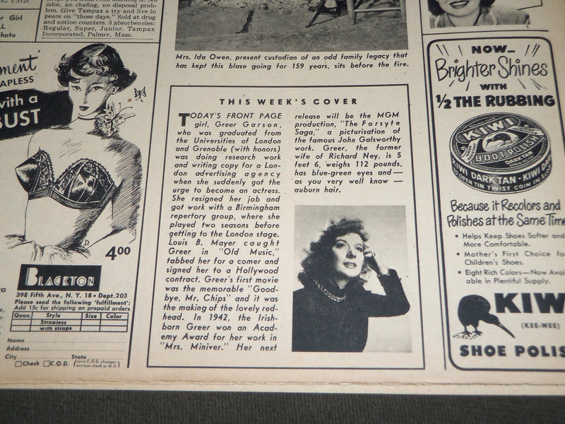 1949 JUNE 12 SUNDAY MIRROR MAGAZINE SECTION - GREER GARSON COVER - J 3017