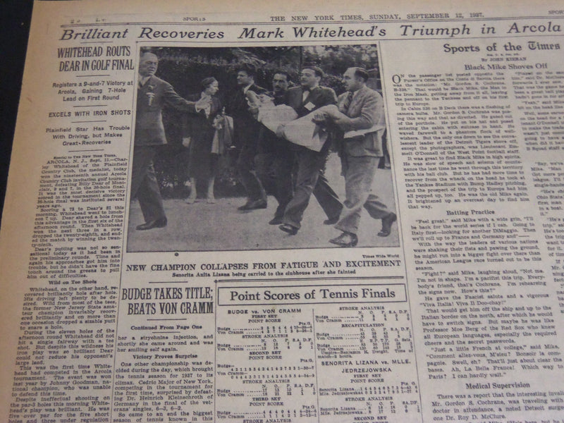 1937 SEPTEMBER 12 NEW YORK TIMES SPORTS SECTION- BUDGE BRATS VON CRAMM - NT 7007