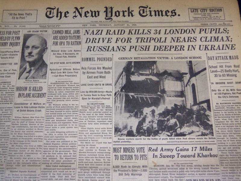 1943 JANUARY 21 NEW YORK TIMES - NAZI RAID KILLS 34 LONDON PUPILS - NT 960