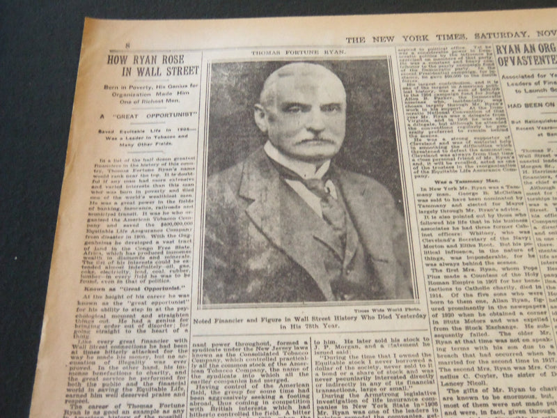 1928 NOV 24 NEW YORK TIMES - THOMAS RYAN A POWER IN WALL STREET DIES - NT 6508