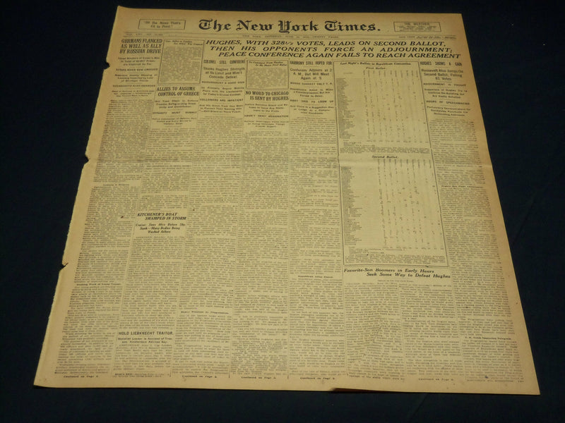 1916 JUNE 10 NEW YORK TIMES - HUGHES LEADS WITH 328 1/2 VOTES - NT 8610