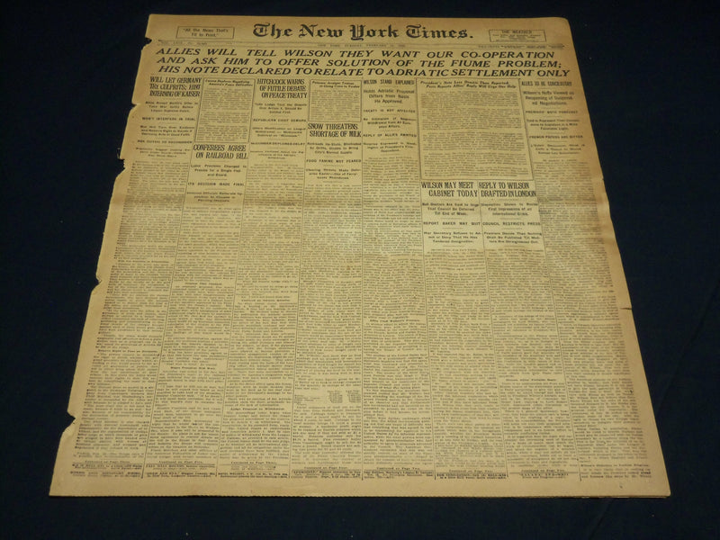 1920 FEBRUARY 17 NEW YORK TIMES NEWSPAPER- ALLIES WANT OUR CO-OPERATION- NT 7886