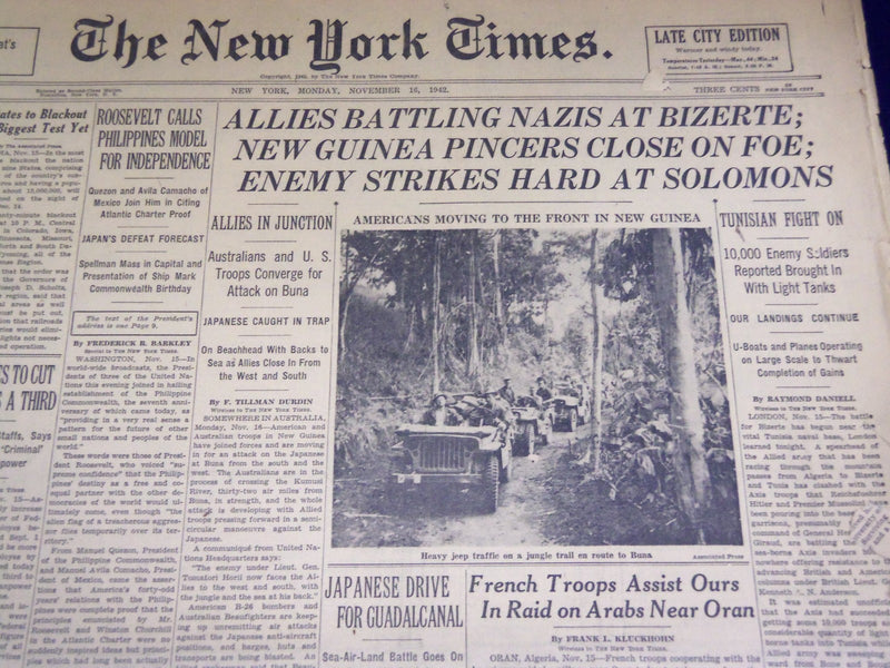 1942 NOV 16 NEW YORK TIMES - ALLIES BATTLING NAZIS AT BIZERTE - NT 994