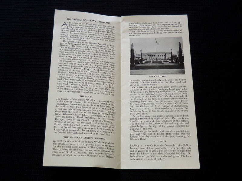 1940 THE INDIANA WORLD WAR MEMORIAL BROCHURE - INDIANAPOLIS IN - J 7228