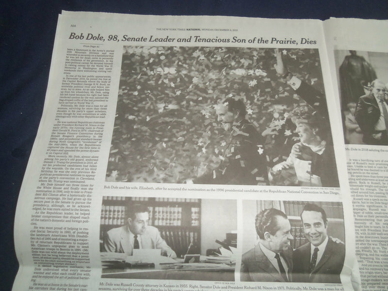 2021 DECEMBER 6 NEW YORK TIMES - BOB DOLE DIED (1923-2021)