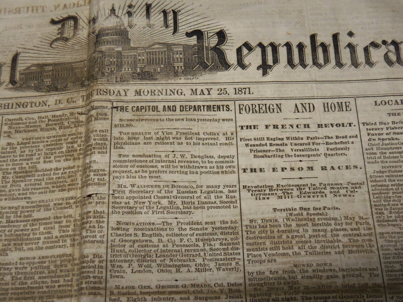 1871 MAY 25 DAILY NATIONAL REPUBLICAN NEWSPAPER - WASHINGTON D. C. - NP 3877E