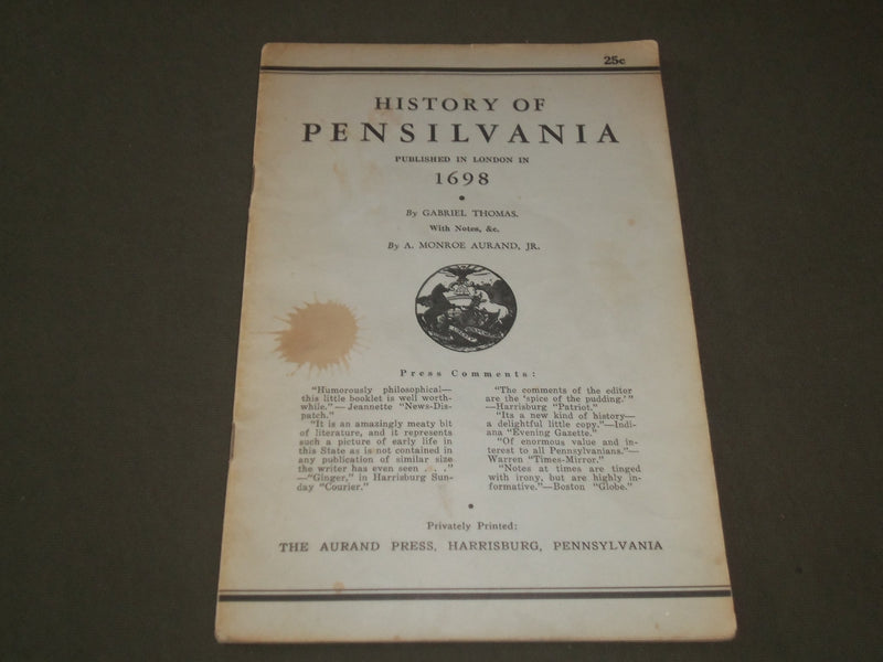 1935 HISTORY OF PENNSYLVANIA SOFTCOVER BOOK BY GABRIEL THOMAS - J 2699