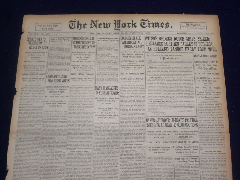 1918 MARCH 21 NEW YORK TIMES - WILSON ORDERS DUTCH SHIPS SEIZED - NT 8164