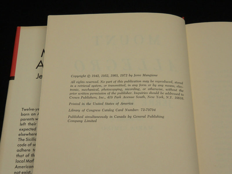 1972 MOUNT ALLEGRO HARDCOVER BOOK INSCRIBED BY JERRE MANGIONE - D 461