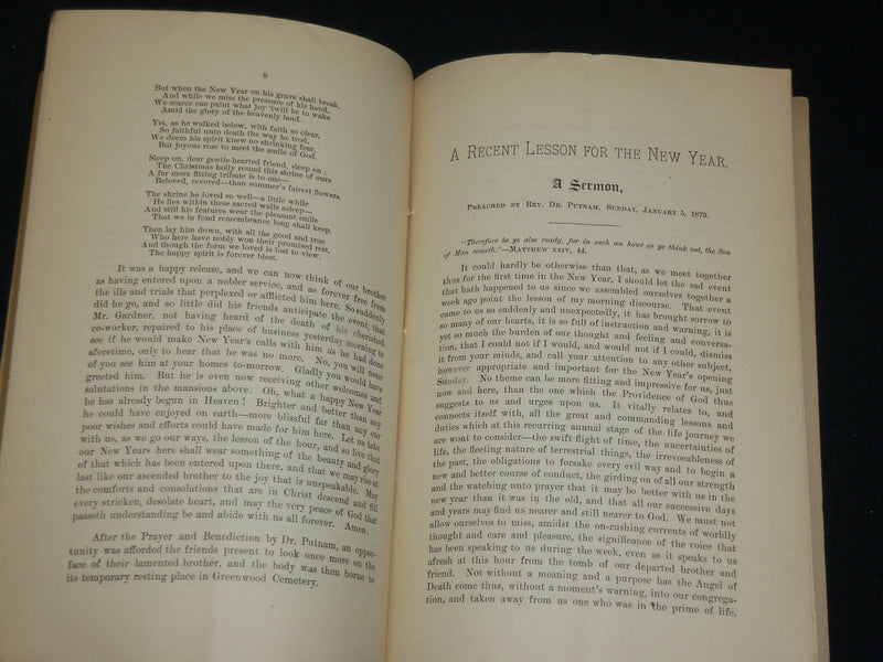 1878 GEORGE FANCIS THAYER FUNERAL SERVICE SERMON BY A. P. PUTNAM - J 6077