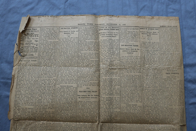 1945 SEPTEMBER 15 NIPPON TIMES NEWSPAPER - GEN. DOUGLAS MACARTHUR ARTICLE-K 3124