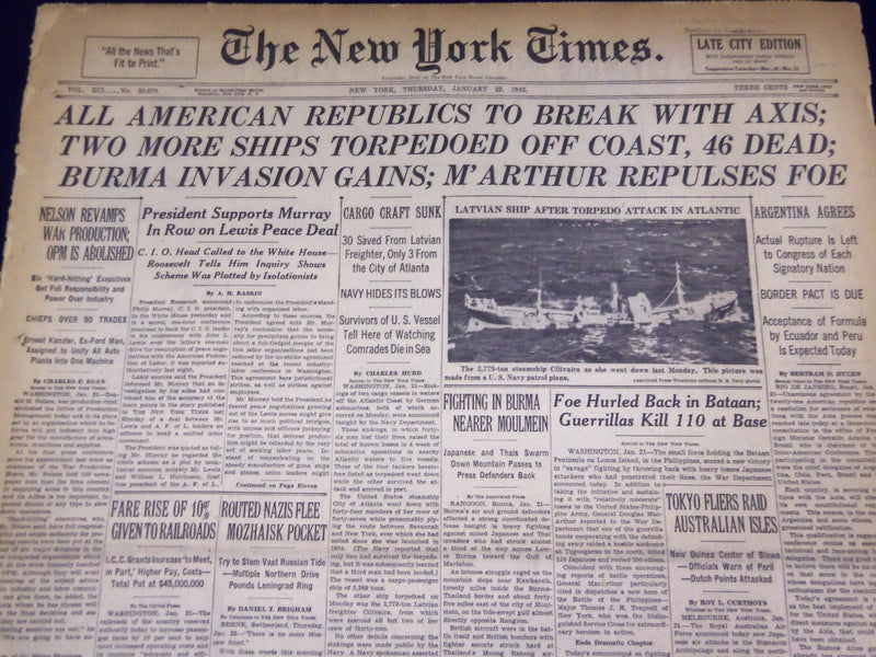 1942 JAN 22 NEW YORK TIMES - ALL AMERICAN REPUBLICS TO BREAK WITH AXIS - NT 1578