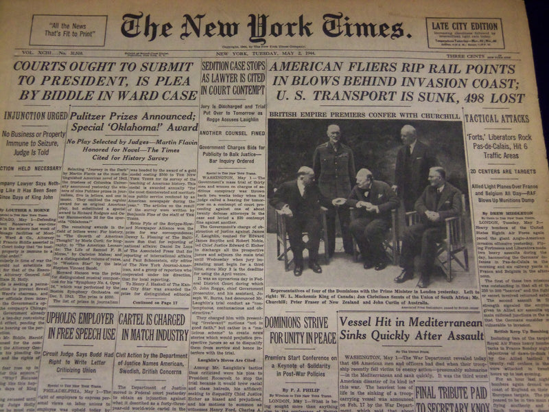 1944 MAY 2 NEW YORK TIMES - U. S. TRANSPORT IS SUNK, 498 LOST - NT 1731