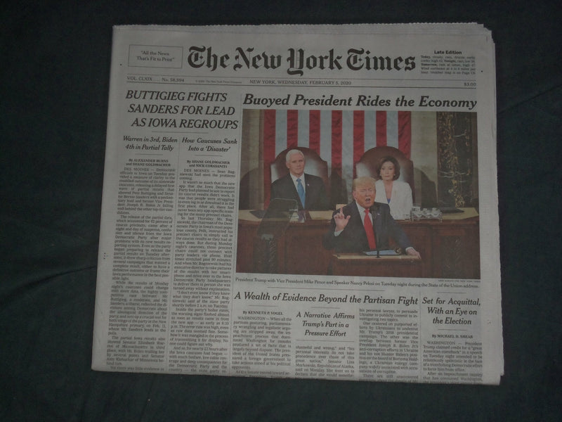 2020 FEBRUARY 5 NEW YORK TIMES - TRUMP STATE OF THE UNION - IOWA CAUCUS RESULTS