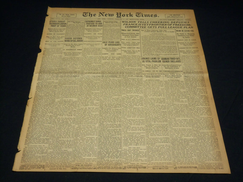 1919 FEBRUARY 4 NEW YORK TIMES - COMMITTEE GETS FULL LEAGUE PLAN - NT 7959