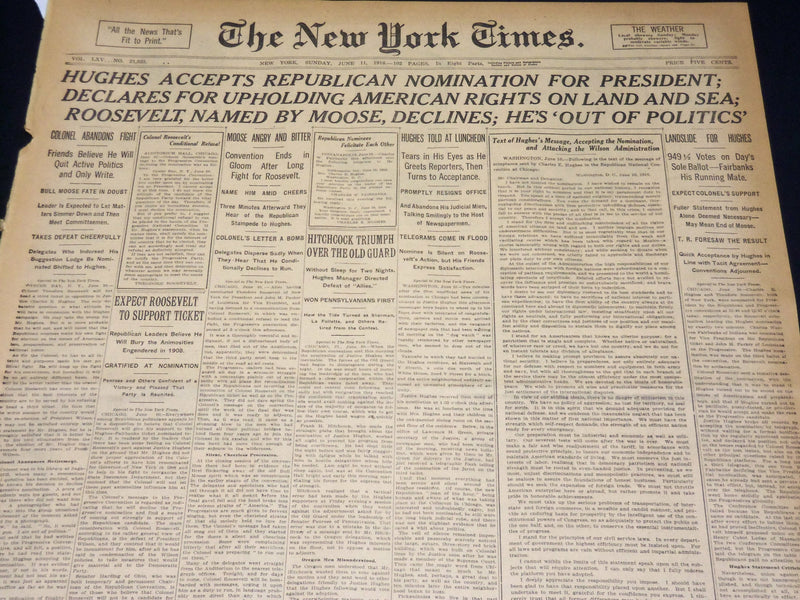 1916 JUNE 11 NEW YORK TIMES - HUGHES ACCEPTS REPUBLICAN NOMINATION - NT 8611