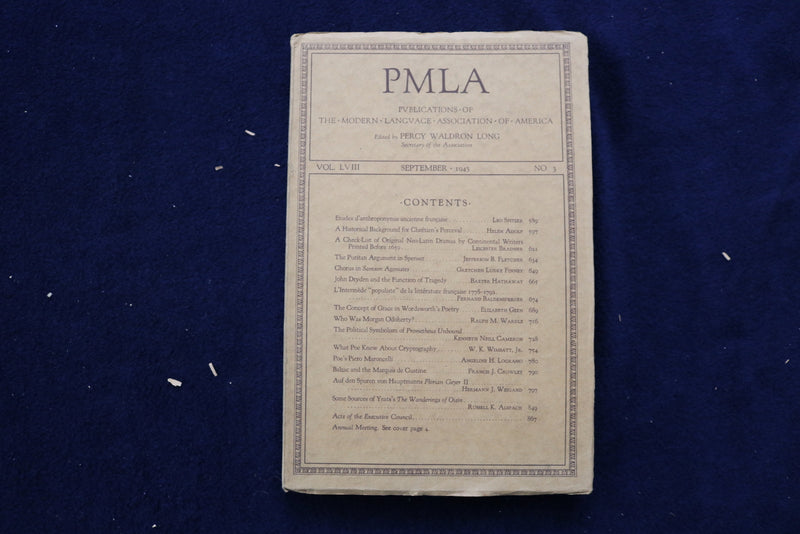 1943 PUBLICATIONS OF THE MODERN LANGUAGE ASSOC. OF AMERICA(PMLA)-LOT OF 3-O 3431