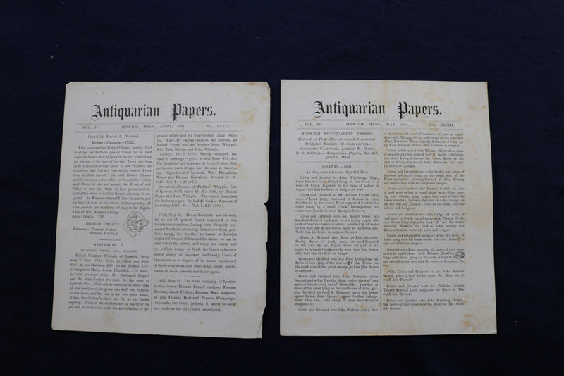1879-1885 ANTIQUARIAN PAPERS - IPSWICH, MASSACHUSETTS - LOT OF 34 - K 780