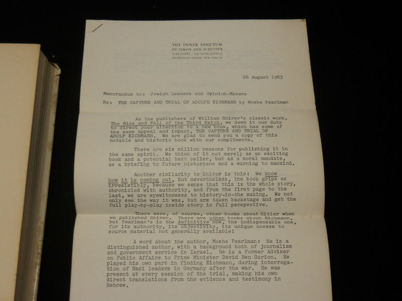 1963 THE CAPTURE AND TRIAL OF ADOLF EICHMANN HARDCOVER BOOK & LETTER - KD 6531