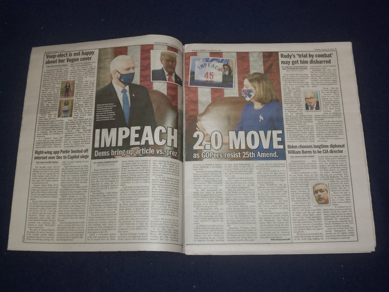 2021 JANUARY 12 NEW YORK DAILY NEWS NEWSPAPER- DEMS: PENCE INVOKE 25TH AMENDMENT