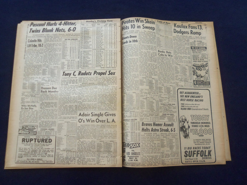 1965 MAY 31 BOSTON RECORD AMERICAN NEWSPAPER-NEW 'WRECKORD' ROAD DEATHS- NP 6300