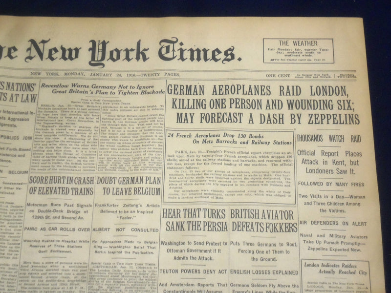 1916 JANUARY 24 NEW YORK TIMES - GERMAN AEROPLANES RAID LONDON - NT 9067