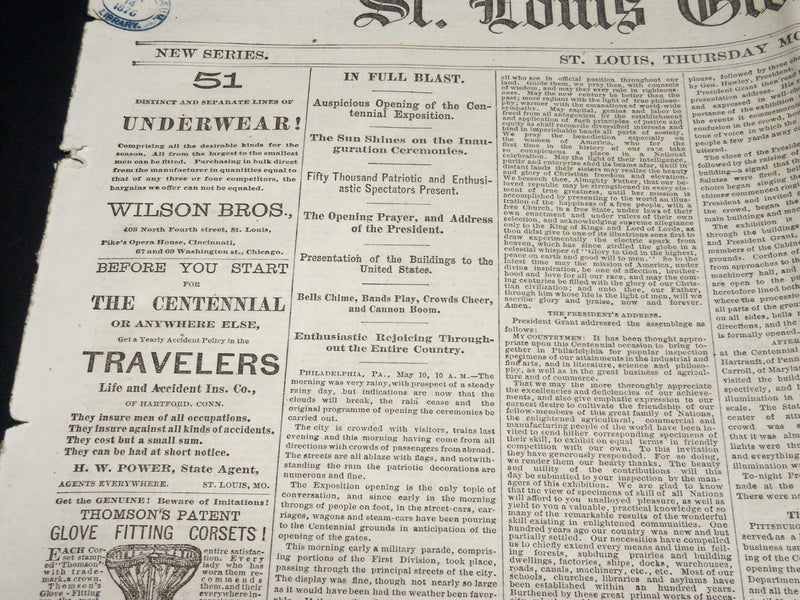 1876 MAY 11 ST. LOUIS GLOBE DEMOCRAT NEWSPAPER - CENTENNIAL EXPOSITION - NP 4825
