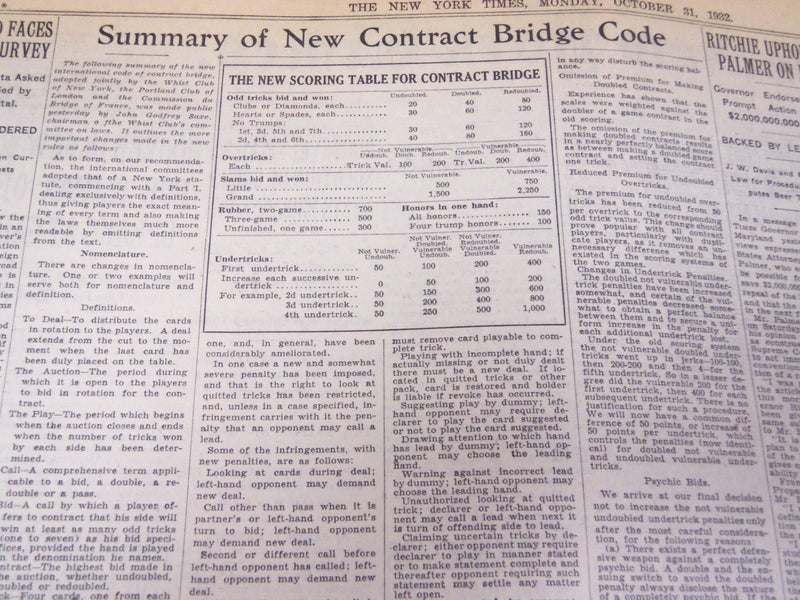 1932 OCTOBER 31 NEW YORK TIMES - CONTRACT BRIDGE RULES CHANGE TOMORROW - NT 4981