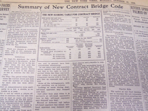 1932 OCTOBER 31 NEW YORK TIMES - CONTRACT BRIDGE RULES CHANGE TOMORROW - NT 4981