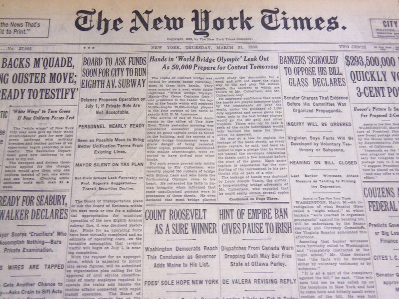 1932 MARCH 31 NEW YORK TIMES - HANDS IN WORLD BRIDGE OLYMPIC LEAK OUT - NT 4785
