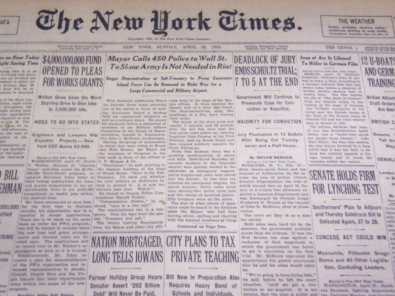 1935 APR 28 NEW YORK TIMES - DEADLOCK OF JURY ENDS SCHULTZ TRIAL - NT 1957