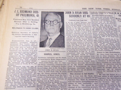 1933 FEBRUARY 12 NEW YORK TIMES - JOHN RYAN DIES AT 69 - NT 4170