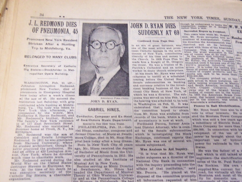1933 FEBRUARY 12 NEW YORK TIMES - JOHN RYAN DIES AT 69 - NT 4170