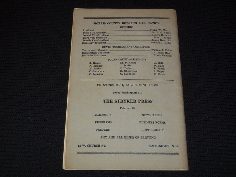 1949 NEW JERSEY STATE BOWLING TOURNAMENT PROGRAM - MORRIS COUNTY - J 7896