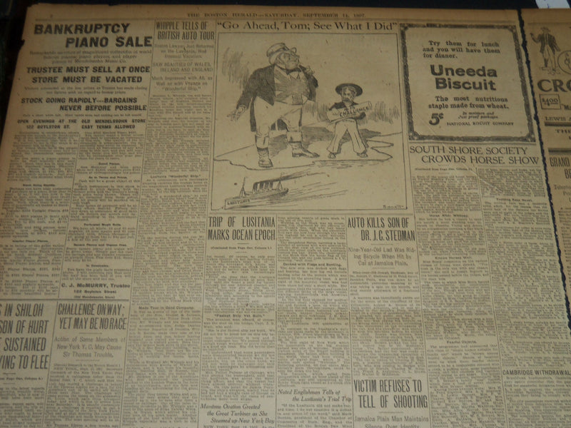 1907 SEPTEMBER 14 THE BOSTON HERALD - LUSITANIA MAKES OCEAN EPOCH - BH 238
