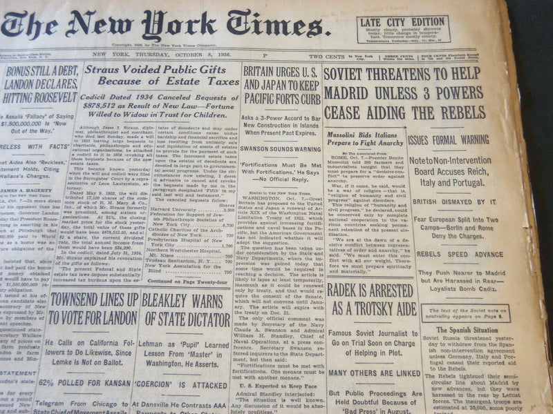 1936 OCTOBER 8 NEW YORK TIMES - SOVIET THREATENS TO HELP MADRID - NT 6692