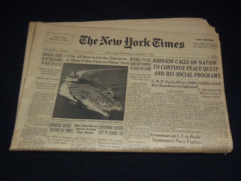 1969 JANUARY 15 NEW YORK TIMES - 13 DIE ON CARRIER ENTERPRISE - NP 4252O