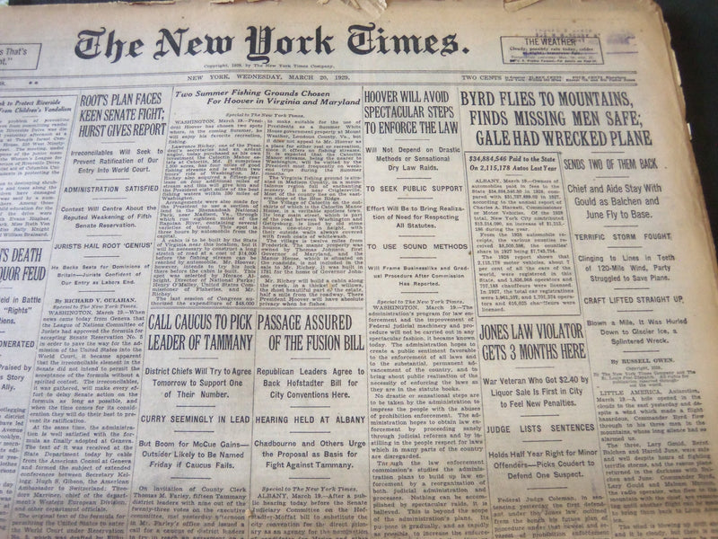 1929 MARCH 20 NEW YORK TIMES - BYRD FLIES TO MOUNTAINS MISSING MEN SAFE- NT 6565
