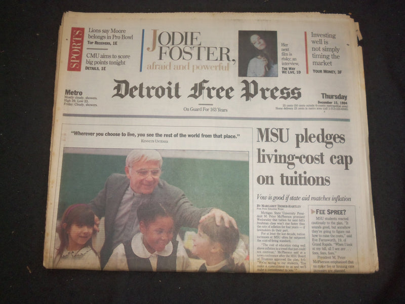 1994 DEC 15 DETROIT FREE PRESS NEWSPAPER - MSU PLEDGES LIVING-COST CAP - NP 7691