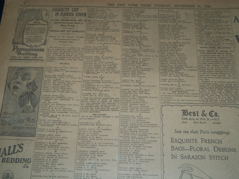 1926 SEPT 21 NEW YORK TIMES - NATION RUSHING RELIEF TO FLORIDA'S 40,000- NT 7578
