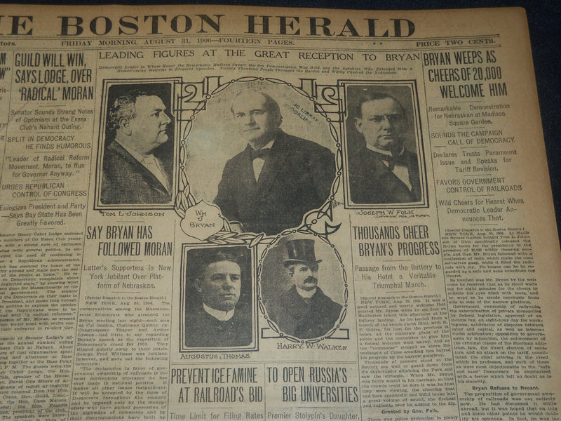 1906 AUGUST 31 THE BOSTON HERALD - BRYAN WEEPS AS 20,000 WELCOME HIM - BH 105
