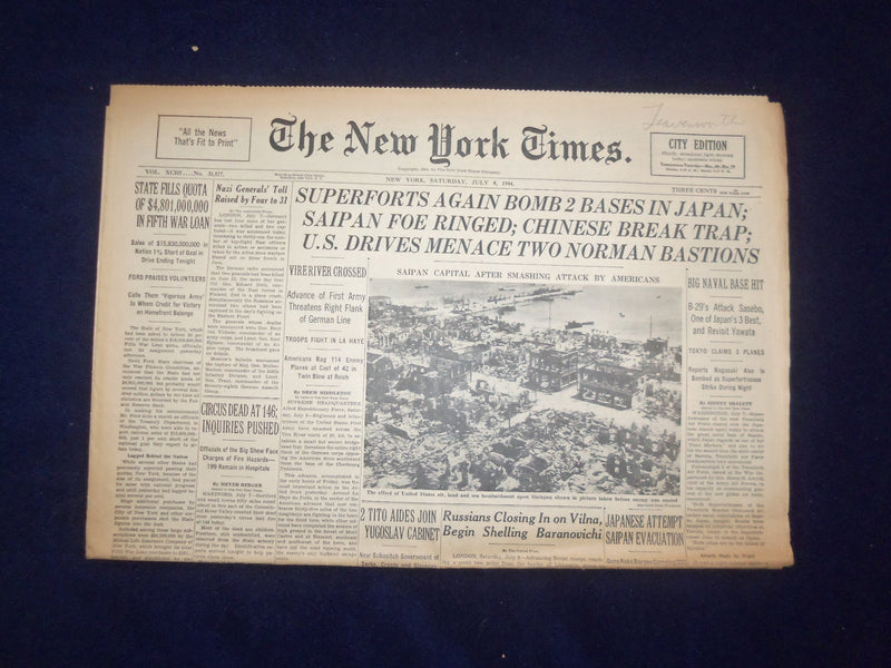1944 JULY 8 NEW YORK TIMES - SUPERFORTS AGAIN BOMB 2 BASES IN JAPAN - NP 6587