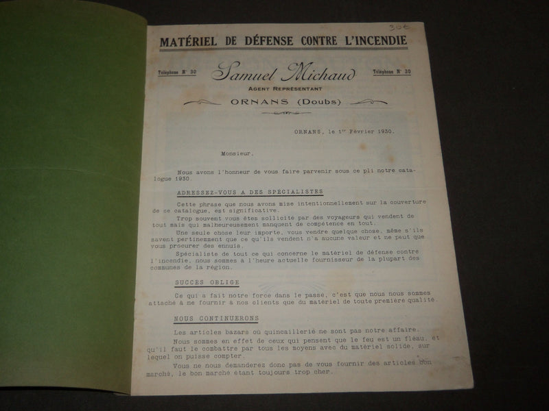 1930 SAMUEL MICHAUD ORNANS DEFENSE CONTRE L'INCENDIE FRENCH CATALOGUE - FR 501