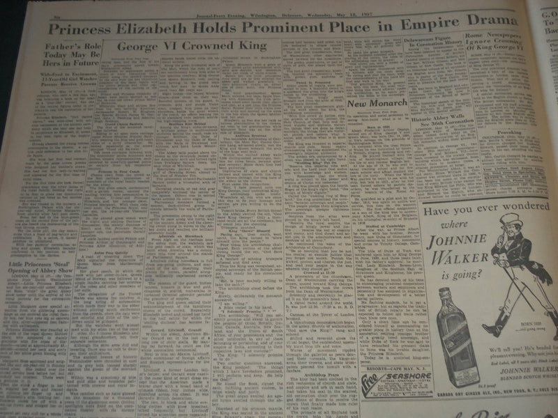 1937 MAY 12 WILMINGTON JOURNAL NEWSPAPER BRITAIN CROWNS KING GEORGE VI - NT 7294