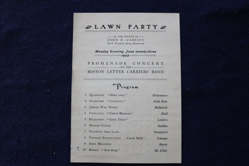1902 JUNE 23 JOHN CASSIDY LAWN PARTY PROGRAM - WATERTOWN - K 1691